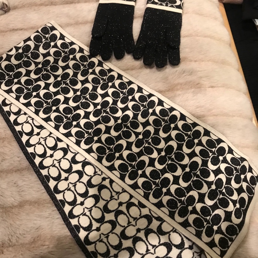 Coach Black and Beige gloves and scarf